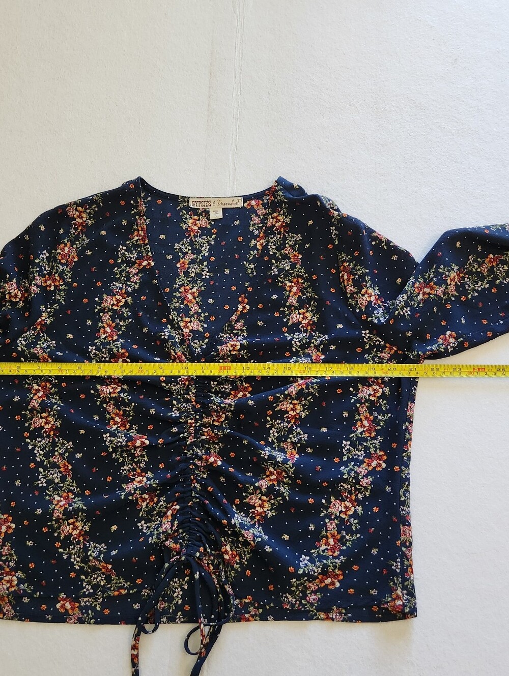 Gypsies & Moondust Navy Floral Ruched Drawstring Blouse Flared Cuff Size Large - Picture 6 of 9